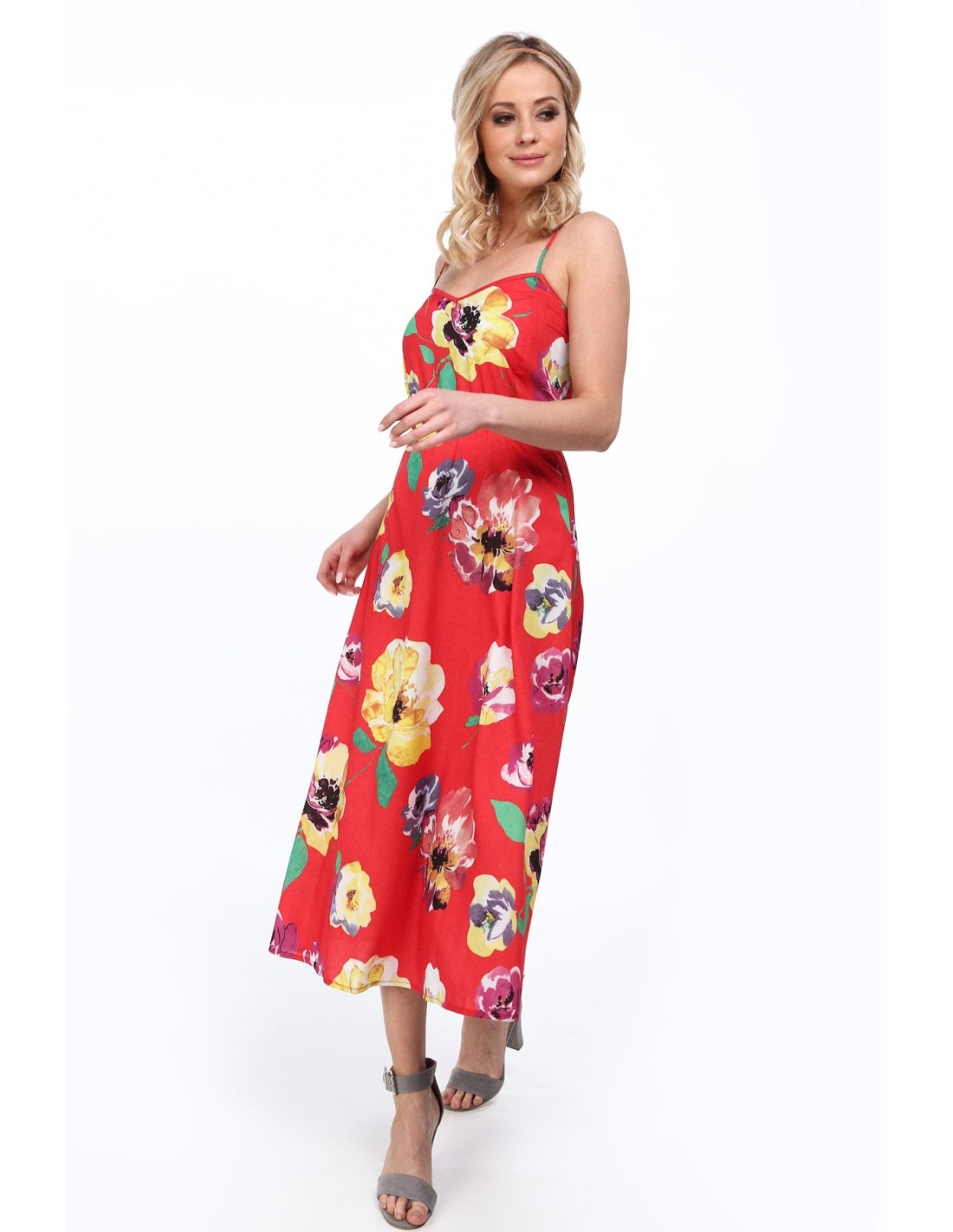 Red summer dress with flowers for everyday use MP60092 - Online store - Boutique